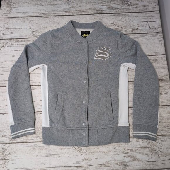 00's Stussy World Tribe Heavyweight Grey Varsity Jacket (M)